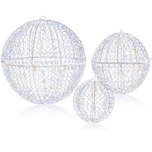 Image of COSTWAY 3 PCS Christmas LED Ball Lights, Hanging Sphere Balls Xmas Decoration with LED Lights and Metal Frame, Fairy Light Ornament for Tree Yard Home Eave (Warm + Cold White, with 435 Lights)