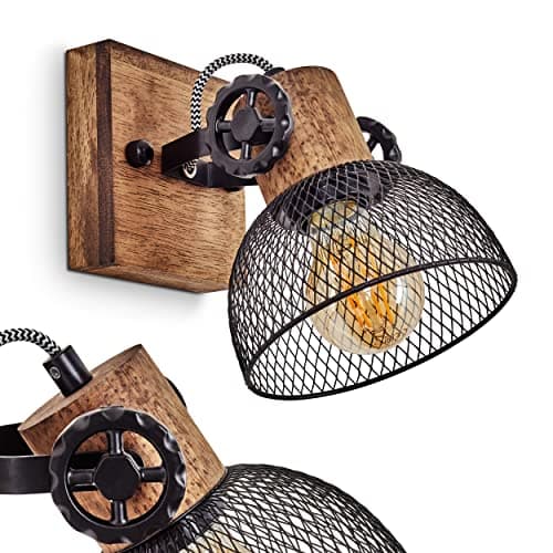 Image of Wall Light Orny, wall lamp in Vintage Design Made of Wood/Metal in Brown/Black with lampshade in Lattice Optic, Light with Wooden Beams, Textile Cables and Adjustable Spotlight, 1 x E27, Without Bulb