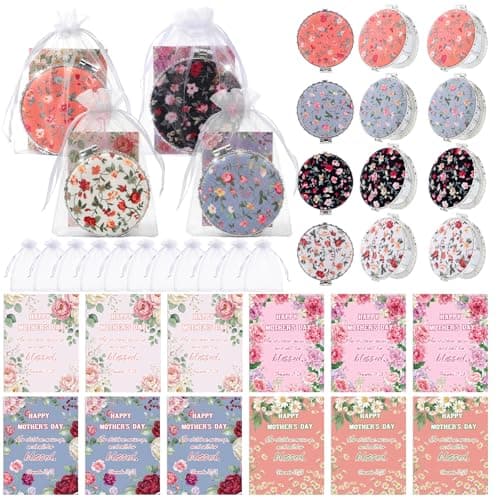 Image of RattanView 12 Pack Mother's Day Makeup Mirrors Gift Set Floral Makeup Compact Mirrors with Cards Small Portable Flower Pocket Mirror Gift for Mother's Day Women Lady Birthday Wedding Party Favors