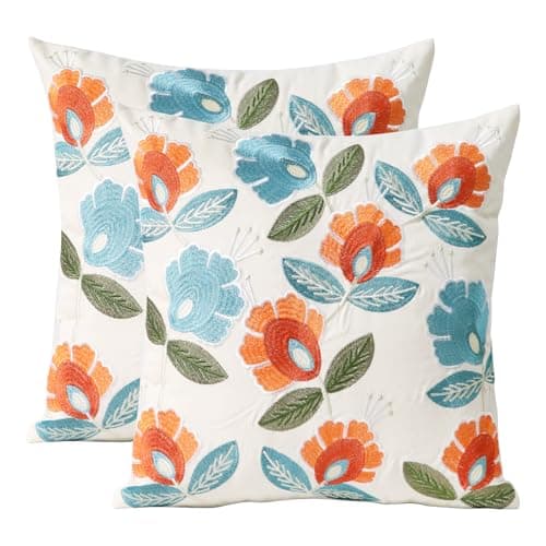 Image of Pilmandu Set of 2 Embroidered Decorative Throw Pillow Covers 45x45cm Couch Square Pillowcases Cushion for Bedroom Sofa Farmhouse Decor (Flower)