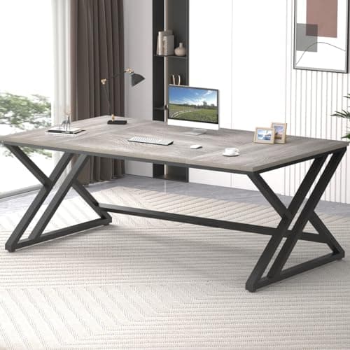 Image of LVB Long Office Desk, Modern Large Wood Metal Computer Desk, Industrial Double Workstation Desks for Two People, Rustic PC Executive Work Study Writing Computer Table for Home, Light Grey Oak 180cm