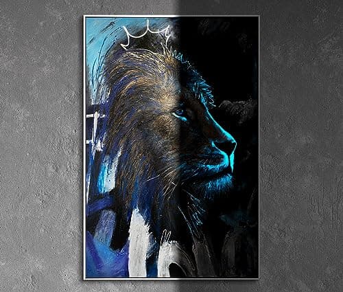 Image of YS-Art Original Handmade Lion Painting Blue Gold Textured Canvas Glow in the Dark Art Framed Modern Wall Decor for Living Room 48x32 inch
