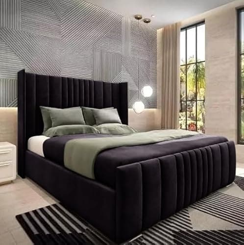 Image of 6FT Super King Wingback Bed Frame With Headboard Upholstered In Black Plush Velvet Frame Wooden Slats - No Storage - No Mattress(Black, 6FT Super King Bed Frame)