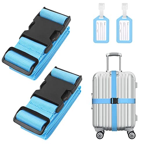 Image of Flintronic 2 Pcs Luggage Straps with Luggage Tags, Adjustable Packing Belts for Suitcases Security Non-Slip Travel Belt Travel Accessories（Blue）