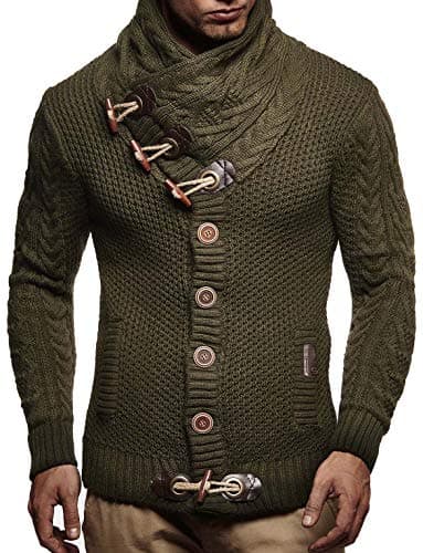 Image of Leif Nelson Men Cardigan Jacket Shawl Collar LN-4195 Khaki Medium