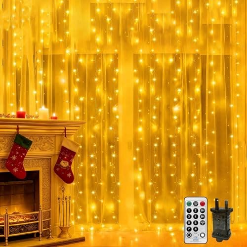 Image of CORST 2MX2M Curtain Lights Plug in, 204LED Window Curtain Light Backdrop Indoor Fairy Lights for Room,Hanging Waterfall Light with Remote Timer,Linkable,Waterproof for Wall Gazebo(Warm White)