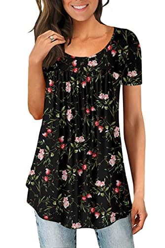 Image of Magritta Ladies Summer Tunic Tops Women Plus Size T Shirt Blouses Floral Printed Short Sleeve Crew Neck Tunics Shirt Tops for Leggings Green Leaves XX-Large, 22-24