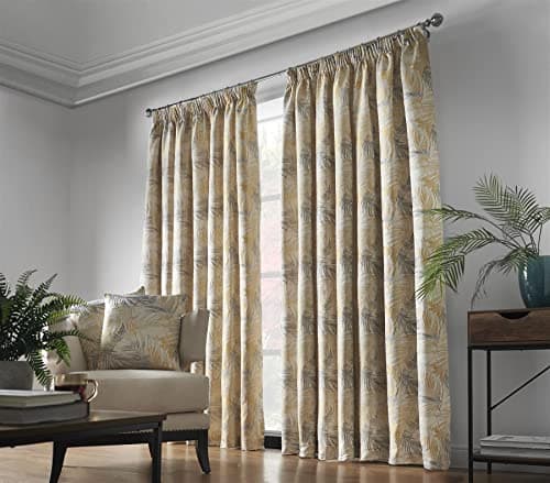 Image of Alan Symonds Fiji Ochre Pencil Pleat Taped Top Curtains Pair Fully Lined Floral 46" x90”
