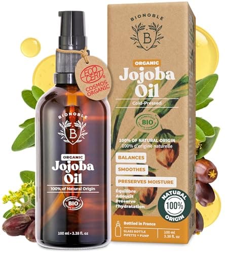 Image of BIONOBLE Organic Jojoba Oil Cold Pressed Unrefined - Balances Sebum, Smoothes, Anti-Acne - 100% Pure Jojoba Oil for Skin, Face, Hair, Body - Vegan, Hexane Free - Glass Bottle, Pipette and Pump - 100ml