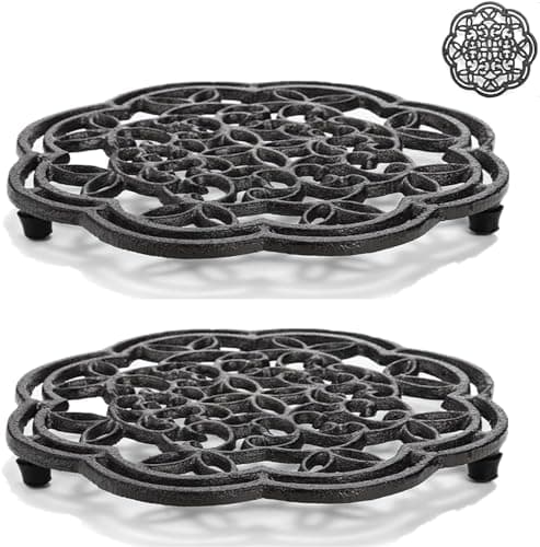 Image of Yopay 2 Pack Cast Iron Trivet Heavy Duty, 7.7 inch Round Metal Trivet for Hot Pans, Rustproof Pot Stands Holders with Rubber Pegs for Countertop, Dining Table, Kitchen Farmhouse Decoration