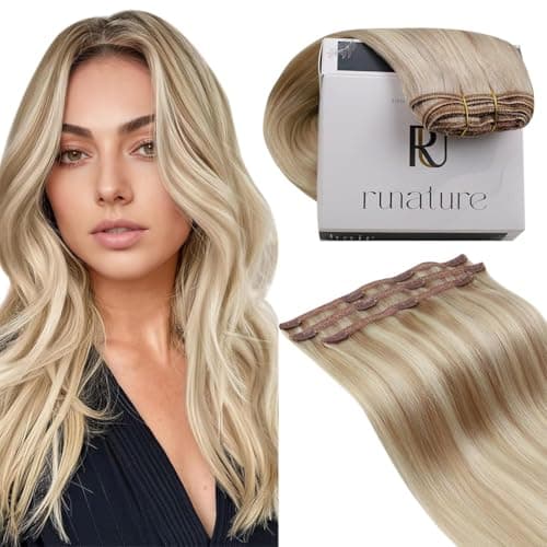 Image of RUNATURE Clip in Hair Extensions Real Human Hair Blonde Highlight Ash Blonde Hair Extensions Clip in Human Hair 18 Inch Straight Remy Clip Hair 50g 3pcs #18P60