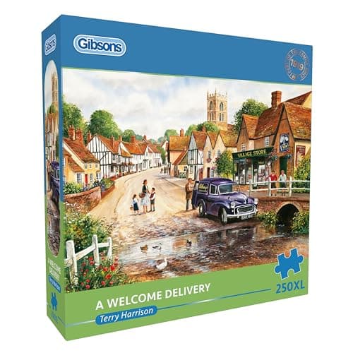Image of Gibsons A Welcome Delivery 250XL Piece Jigsaw Puzzle for Adults by Terry Harrison - Extra Large Pieces - Nostalgic Village Scenes Artwork – Premium Sustainable Puzzle Made in the UK/EU - Great Gift