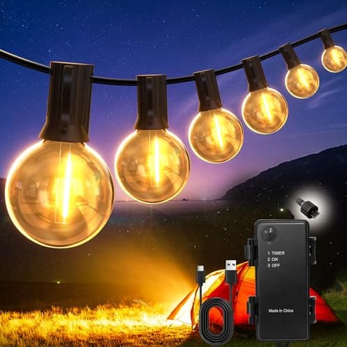 Image of DSLebeen Battery Festoon Lights Outdoor: Rechargeable 5000mAh Battery Operated G40 LED String Lights - Waterproof 39FT 12M Decorative Bulb Lighting with Timer, Portable for Garden, Gazebo, Camping