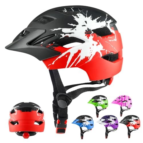 Image of RaMokey Kids Helmet, Kids Bike Helmet for Boys Girls Age 3-15, Light Weight Cycling Helmet Mountain Bicycle Helmet with Taillight Adjustable Dial Removable Visor(48-56CM) (Black+Red)