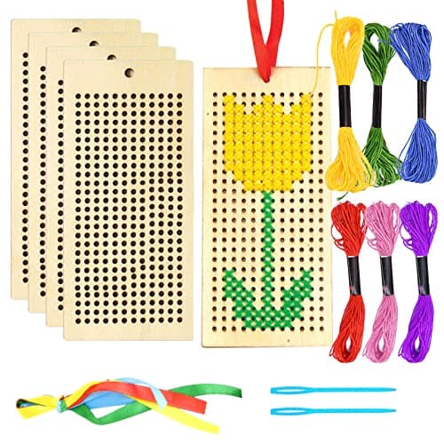 Image of Wooden Bookmark Cross Stitch Kits, 5 Pack Embroidery Starter Kit Embroidery Set Cross Stitch Bookmark Kits with Cross Stitch Frame, Needles, Threads, Ribbons for Kids Beginners DIY Project Art Craft