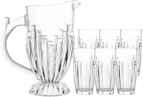 Image of Housetronics 7 Piece Crystal Effect Glassware Set 1.2L Water Jug Pitcher & 6 Glasses 370ML Tumbler Juice Crystal Effect Glass Jug Pitcher Set