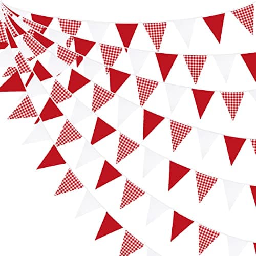 Image of 32Ft Red White Plaid Fabric Bunting Banner Party Decorations Red Checkered Gingham Triangle Flag Pennant Garland for Xmas Wedding Birthday Engagement Christmas Carnival Picnic Outdoor Home Festivals