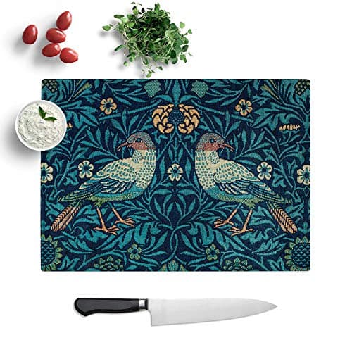 Image of Glass Chopping Board - Flowers and Birds Pattern by William Morris - Textured Worktop Saver Cutting Board - Heat Resistant, Shatterproof and Hygenic - 28.5 x 20 cm