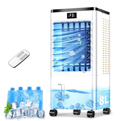 Image of Portable Air Conditioner, 4-in-1 Evaporative Air Cooler with 3 Speeds and 120°Oscillation, 8L Large Water Tank, 45dB Quiet Cooling Fan, Energy-Saving Portable AC with Wheels for Home, Office, Bedroom