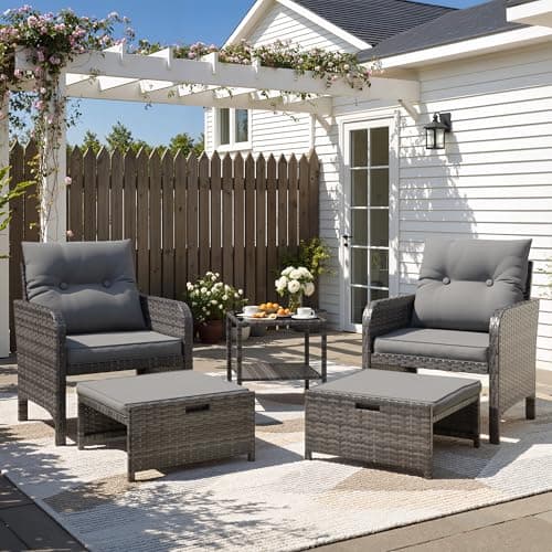 Image of Amopatio 5 Piece Rattan Garden Furniture Set, Patio Conversation Set with 2 Ottomans & Coffee Table, All-Weather PE Wicker Outdoor Sofa Set with Thick Cushions for Garden, Patio, Balcony, Grey