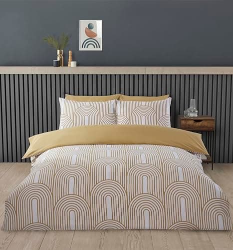 Image of Rapport home Single Duvet Cover Set Premium Polycotton Arches Geometric Design Ochre and White Minimalist 2PC Non-Iron Luxury Bedding Set with Snap Closure