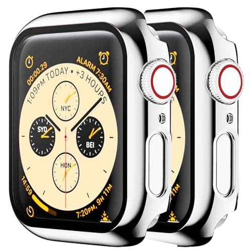 Image of HANKN 2 Pack Hard Case for Apple Watch Series 6 5 4 SE 44mm Tempered Glass Screen Protector Case, Full Coverage Plated Shockproof Iwatch Bumper Cover (44 mm, Shiny Silver x 2)