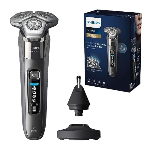 Image of Philips Shaver Series 8000 - Wet & Dry Electric Shaver with SkinIQ Technology in Dark Chrome with 1 x Pop-up Trimmer, Charging Stand, P-Cap, Cleaning Brush and Nose Trimmer (Model S8697/23)