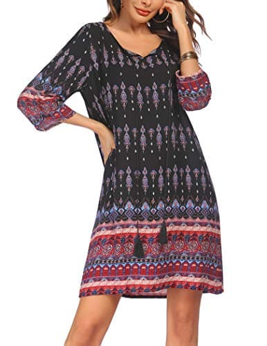Image of Women 2026 Summer Dress Boho Floral 3/4 Sleeve Ladies Casual Swing Midi Dress Black L