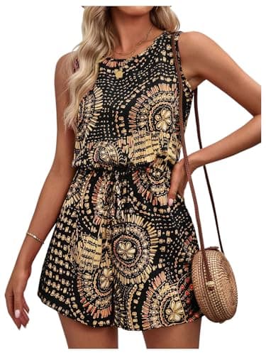 Image of GORGLITTER Women's Floral Tie Front Shorts Jumpsuit Sleeveless Summer Playsuit Crewneck Loose Casual Romper Vacation Vintage Outfit Holiday Clothes Black XL