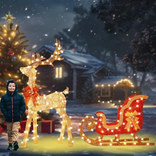 Image of HbSpacstial 52 Inch 3D Gold Large Lighted Christmas Reindeer & Sleigh Decorations 2-Piece Outdoor Holiday Decorations Reindeer Set with 160 Warm White LEDs, Large Yard Display for Garden, Storefront