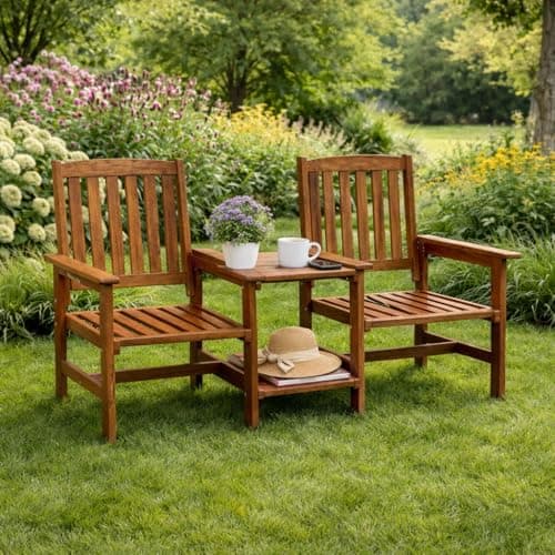 Image of Garden Mile Jack and Jill Bench with Central Table - 2 Seater Wooden Garden Furniture, Solid Acacia Hardwood, Weather Resistant Outdoor Seating, Durable Patio Wooden Bench for Outdoors & Deck