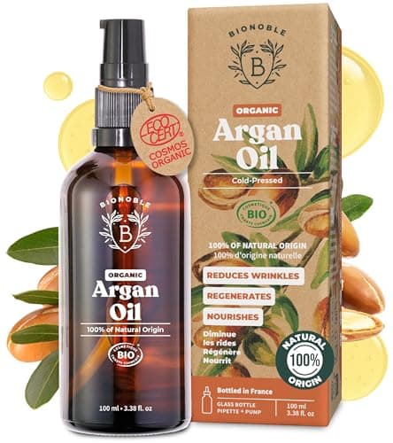 Image of BIONOBLE Organic Argan Oil for Hair - Cold Pressed in Morocco - Nourishes, Repairs and Anti-Aging - 100% Pure Argan Oil for Skin, Face - Vegan, Hexane Free - Glass Bottle, Pipette and Pump - 100ml