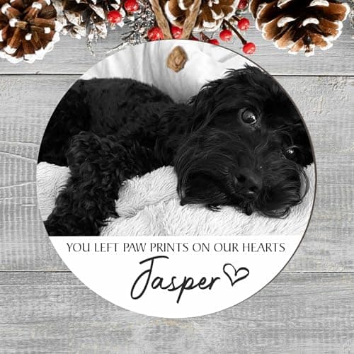 Image of "Custom Pet Memorial Ornament - 'You Left Paw Prints on Our Hearts' Personalised Photo Keepsake Bauble for Dog or Cat Remembrance (Black, Mdf Wood Indoor Use Only 9cm x 9cm)