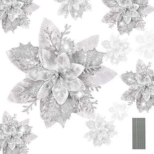 Image of HCSSZ 12pcs Christmas Glitter Artificial Poinsettia Flowers with 12pcs Stems for Wedding Christmas Tree Faux Flowers New Year Ornaments Xmas Garland Wreath Decorations(Silver)