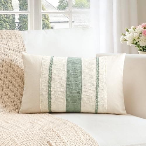 Image of Sungeek Set of 1 Light Green Boho Decorative Cushion Cover 40x60cm Soft Cotton Throw Pillow Case Farmhouse Rustic Woven Textured Lumbar Pillow Cover 16x24 Inch for Sofa Bed Couch Patio Living Room