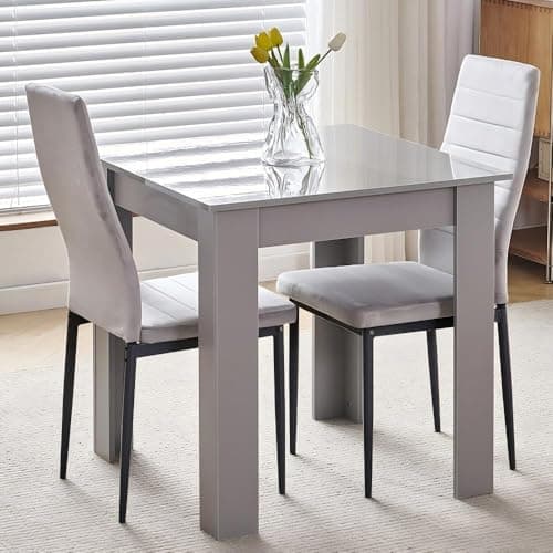 Image of Homullel 75x75 cm Small Dining Table and 2 Chairs, 2 Seater Table and Chairs Set Kitchen Dining Room Set for 2, Compact, Space Saving, Wooden, Glossing Tabletop Grey (2 Seats, Flannel Grey #1)