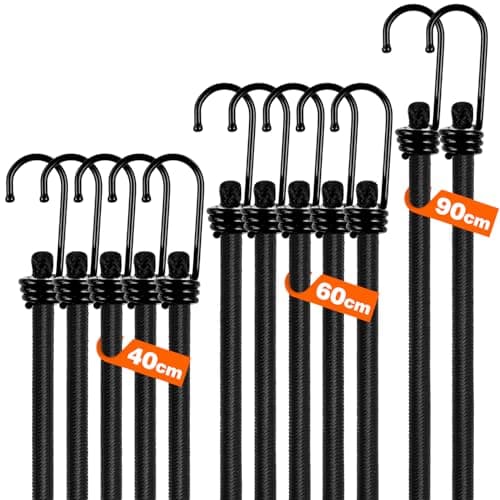 Image of GINKGO 12 Pack Bungee Cords with Hooks, 35KG Max Load Bungee Straps, Long Short Mix Elastic Cord for Camping, Outdoors, Luggage, Tents, Bikes