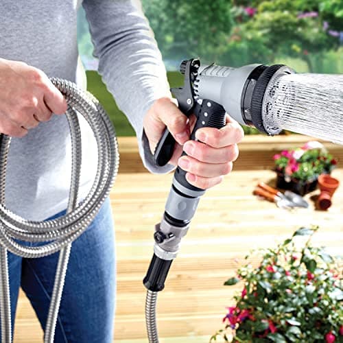 Image of Coopers of Stortford - Stainless Steel Garden Hose - 15m/50ft Lightweight & Flexible - Kink-Free Garden Hose Pope, Weather-Resistant with 7-Pattern Spray Nozzle