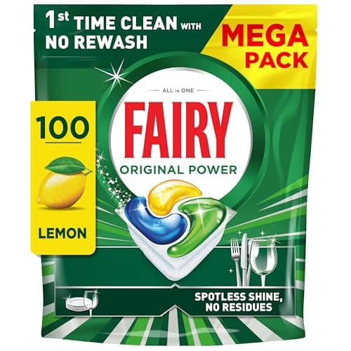 Image of Fairy Original Power Dishwasher Tablets Lemon, 100 Capsules, 1st Time Cleaning Action with No Rewash, Effective on 100% Grease, Spotless Shine Without Residues