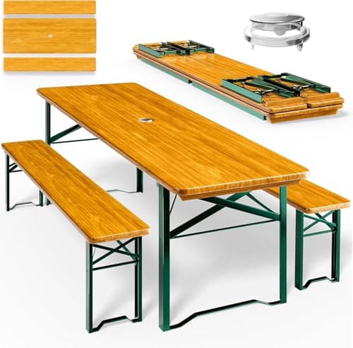 Image of CASARIA® Folding Garden Picnic Table & Bench Set | 170cm Beer Table | 3 Piece | Foldable, Stable Wood And Metal Trestle | Outdoor Patio BBQ Camping Dining Furniture | W/Parasol Hole