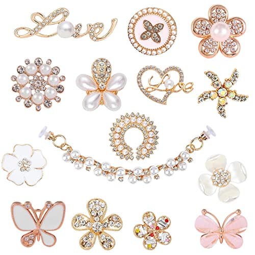 Image of VEGCOO 15 Pcs Shoe Charms for Clog Shoes, Metal Bling Crystal Rhinestone Clog Sandals Decorations Charms, Shining Shoe Decoration Charms for Women Girls Birthday Christmas Party Gifts, Gold