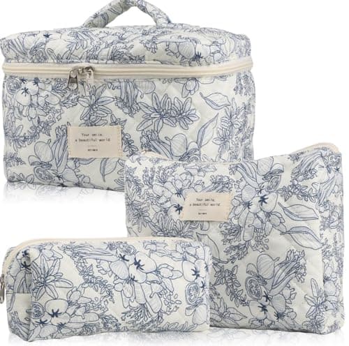 Image of Aucuu 3PCS Coquette Makeup Bag, Quilted Makeup Bag for Women, Floral Cotton Cosmetic Bag Set, Large Capacity Aesthetic Floral Toiletry Bag, Travel Toiletry Bag, Wash Organizer Pouch for Women Girls