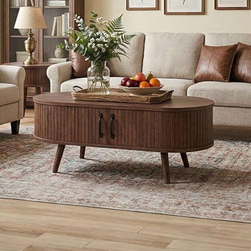 Image of Oval Coffee Table with Storage, Modern Small Center Table with Sliding Door for Living Room, Bedroom, Home Office (dark brown)