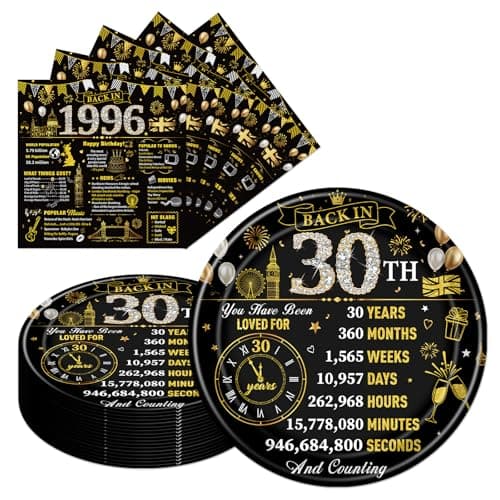 Image of Eiapadeor 30th Birthday Decorations Tableware Set - 50 Pcs 30th Birthday Plates and Napkins Black Gold Back in 1996 Disposable Plates Set for Women Men Him Her 30 Year Old Party Supplies Serves 25