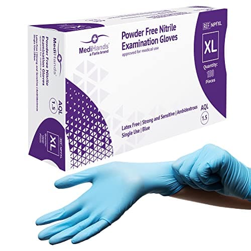 Image of MediHands Nitrile Gloves X Large, Blue Heavy Duty Disposable Glove and Surgical Gloves, Powder Free and Latex Free, Medical, Food, Multi Use, Pack of 100