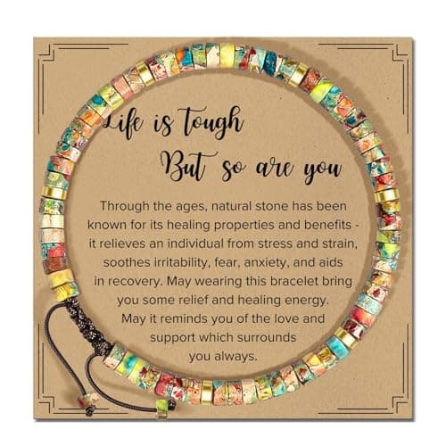 Image of Natural Stone Adjustable Beaded Bracelets, Friendship Bracelet, Healing Bracelets for Women Yoga Meditation Birthday Gifts Inspirational Cards Life is Tough But So are You Anxiety Bracelet (C)