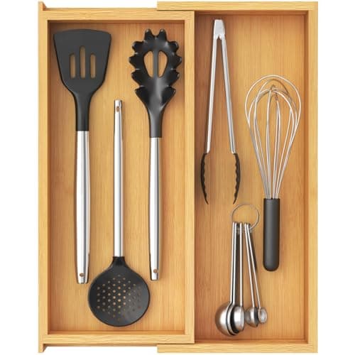 Image of Lifewit Utensil Drawer Organiser, Extendable Cutlery Tray for Kitchen, Silverware Flatware Holder, Wood Adjustable Kitchen Spatula Tools and Gadgets Storage Divider, 18-30x40cm, Natural
