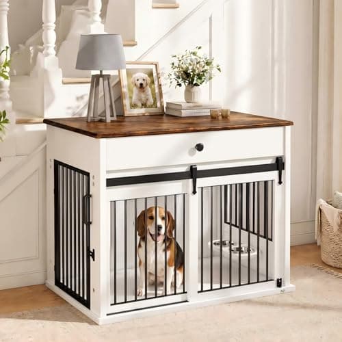 Image of DAWNYIELD Dog Crate, Furniture Style Pet Crate with Sliding Doors, Wooden Indoor Dog Kennel Side Table with Drawer, Lockable Dog House with 360°Rotatable Bowl, White