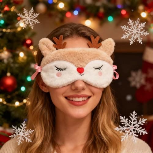 Image of XiXiYang Christmas Eye Mask for Deep Sleep, Contoured Breathable Sleep Mask with Santa,Christmas Deer Cute Shape, Soft Adjustable Xmas Gift for Kids, Men, Women, Sleeping, Travel (A White Deer)