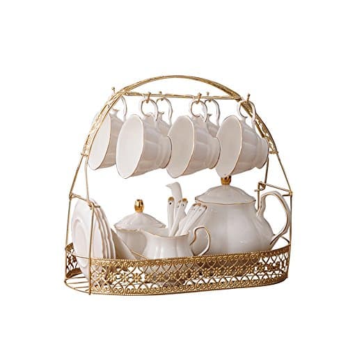 Image of fanquare 21 Pieces Simple White Ceramic Tea Sets,British Tea Pot,Bone China Coffee Cups with Metal Holder Matching Spoons, Afternoon Tea Set Service